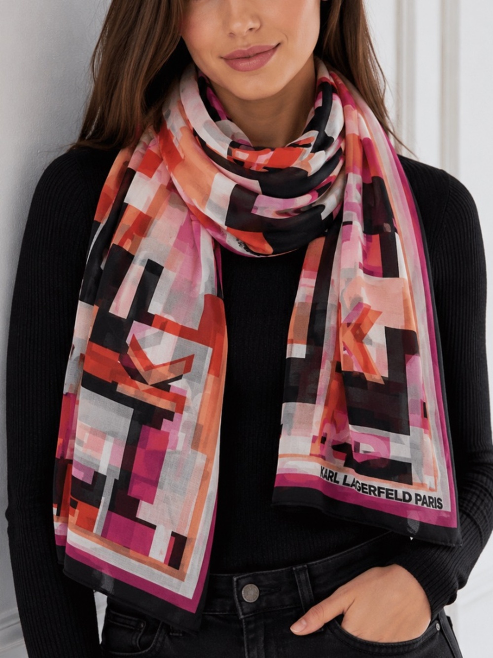 NWT Karl Lagerfeld Paris Graphic Logo Scarf Multicolor 28x72 Lightweight Wrap